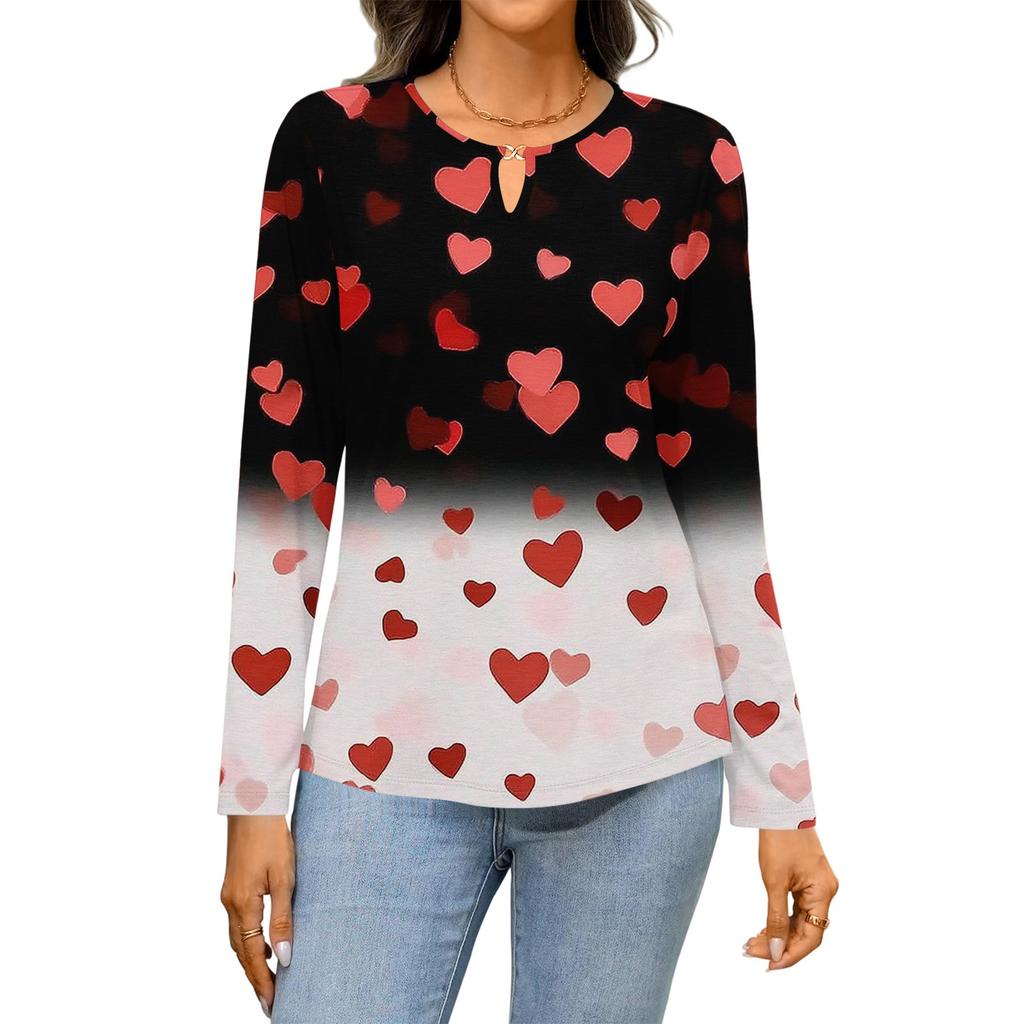 Women's Casual Round Neck Hollow,out Pullover Long Sleeve Valentine's Day Heart Print T,shirt Top