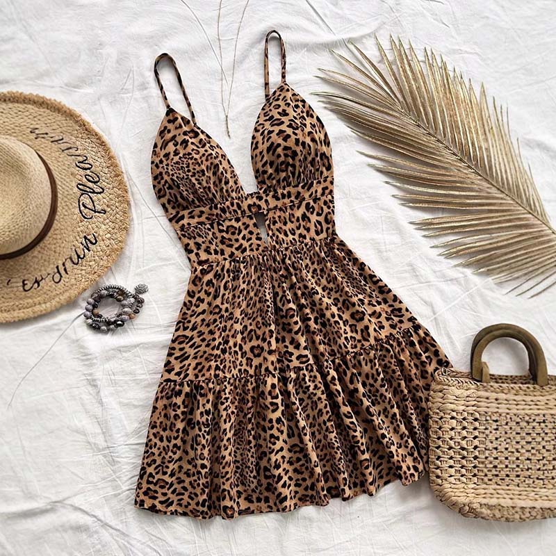 Neckholder-Kleid Sommer Leopard Sexy Rückenfrei Urlaub Meerseite Strand Aushöhlungen Kleider