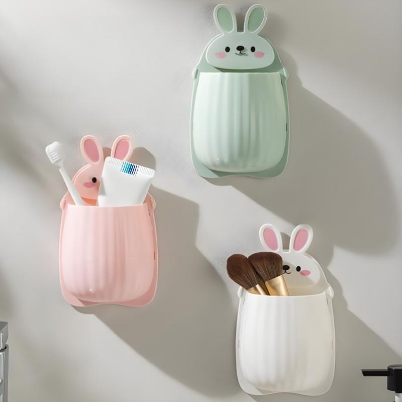 Punch-free Wall-mounted Mobile Bathroom Makeup Organizer Phone Remote Control Storage Box Cute Rabbit Wall Hanging Storage Rack