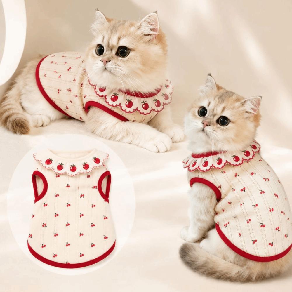 Thin Cat Pullover Cherry Pattern Pet Shirt Cute Cat Flower Edge Vest Pet Clothing