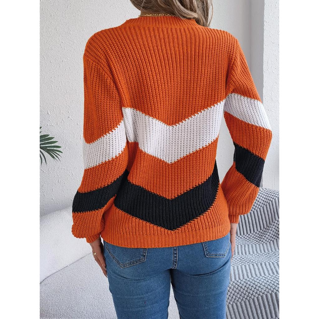 QICED Autumn and Winter Casual Color-blocking Lantern Long-sleeved Pullover Sweater Women's Wear