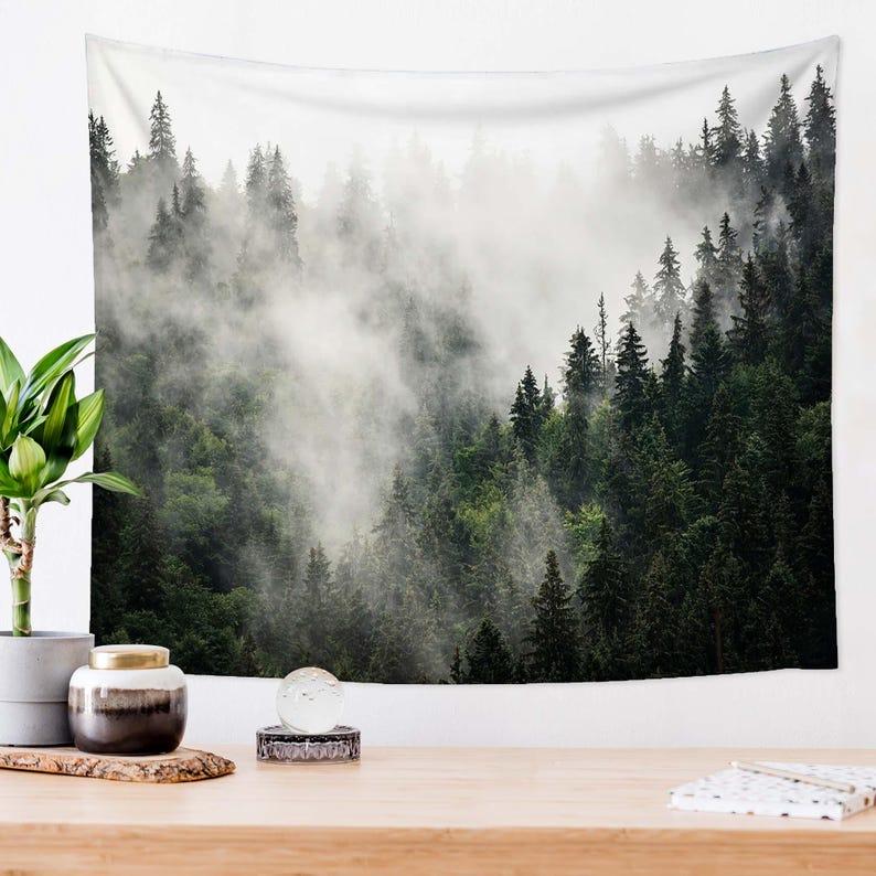 Pine trees, misty forest, nature tapestry 75x100 чёрный