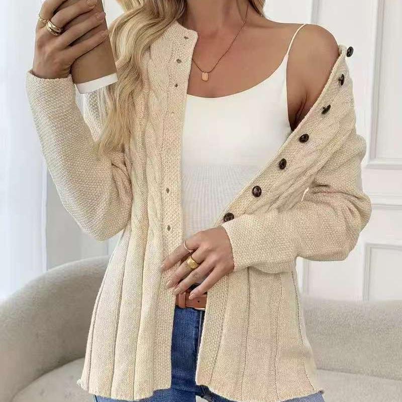 Women Knitted Cardigan Long Sleeve Button Down Cinched Waist Sweater Pink Casual Elegant Top