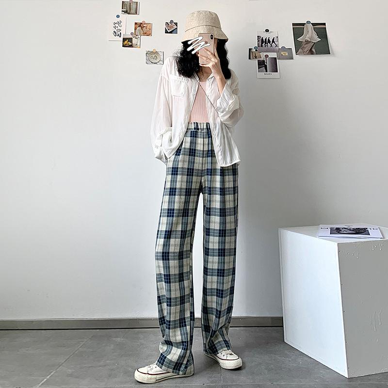 Buy Japanese Blue Plaid Pants, Loose 