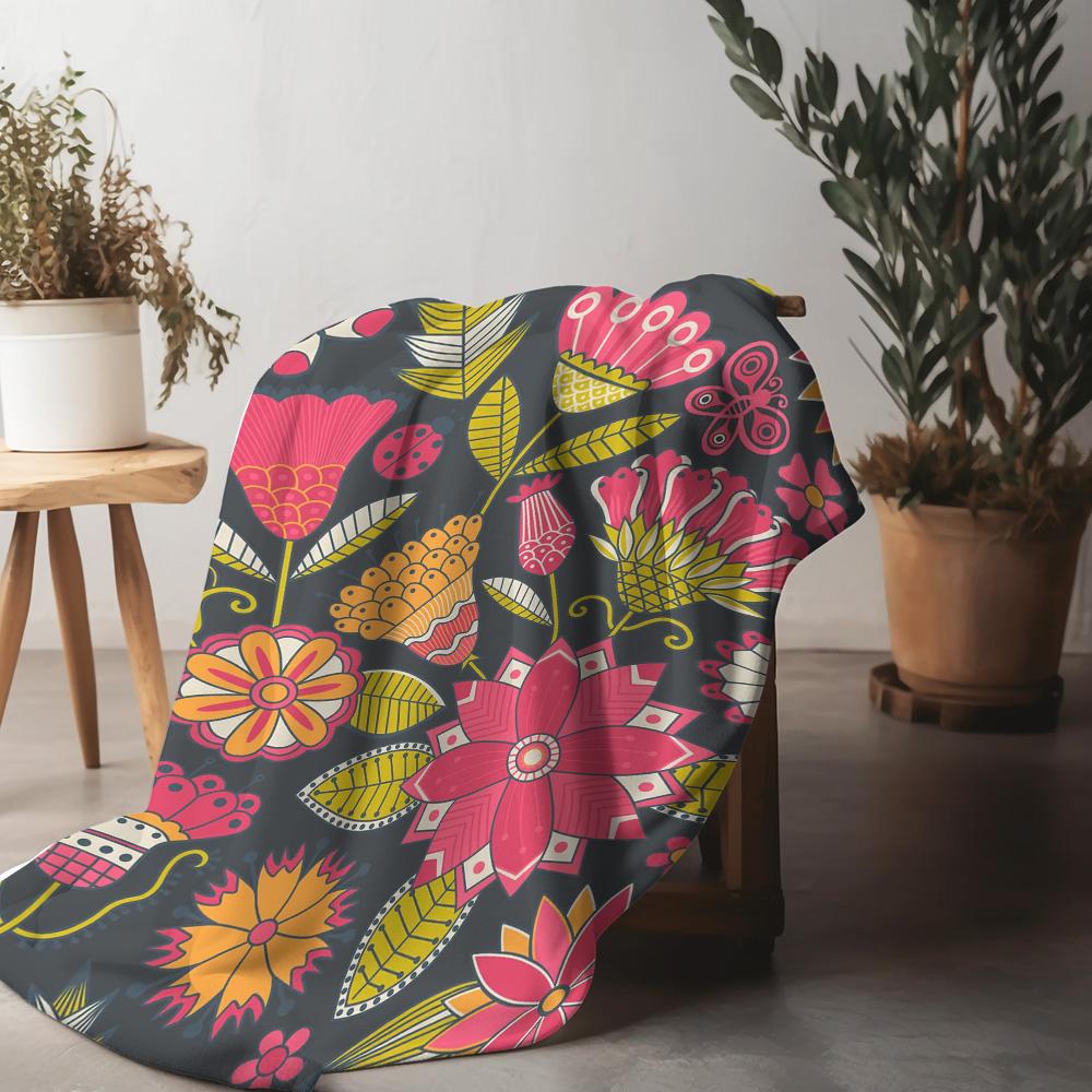 Vibrant Floral Patterned Fleece Blanket Colorful Geometric Design Throw Blanket Decorative Bed Blanket For Women Gift