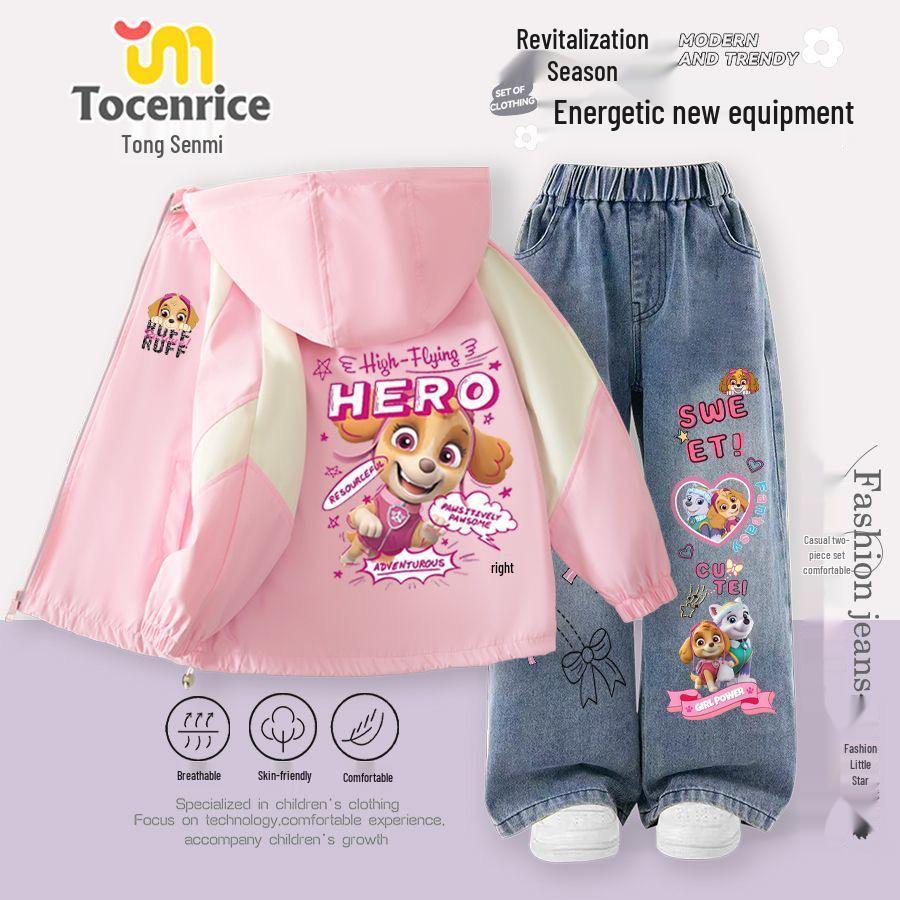 Paw Patrol Kids' Windbreaker & Fleece Jeans Set - Autumn/Winter Style for Toddlers & Girls.