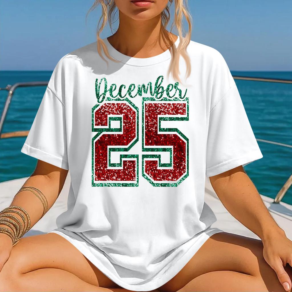 Dame Mote Trykket Rund Hals Kort Ermet T-skjorte Genser Topp