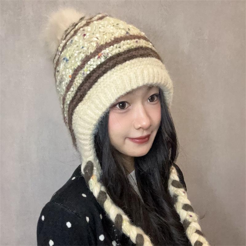 Color Matching Knitted Braided Ear Protection Warm Lei Feng Hat Women's Winter New Big Head Circumference Wool Hat Tide