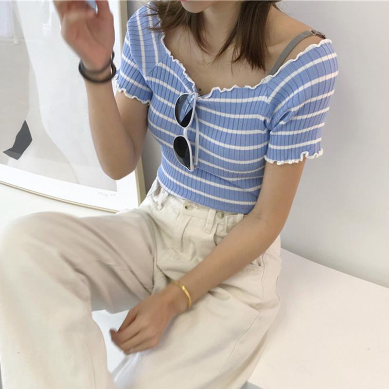 Women's Slash Neck Striped Short Sleeve Knitted Ruffles T-Shirt