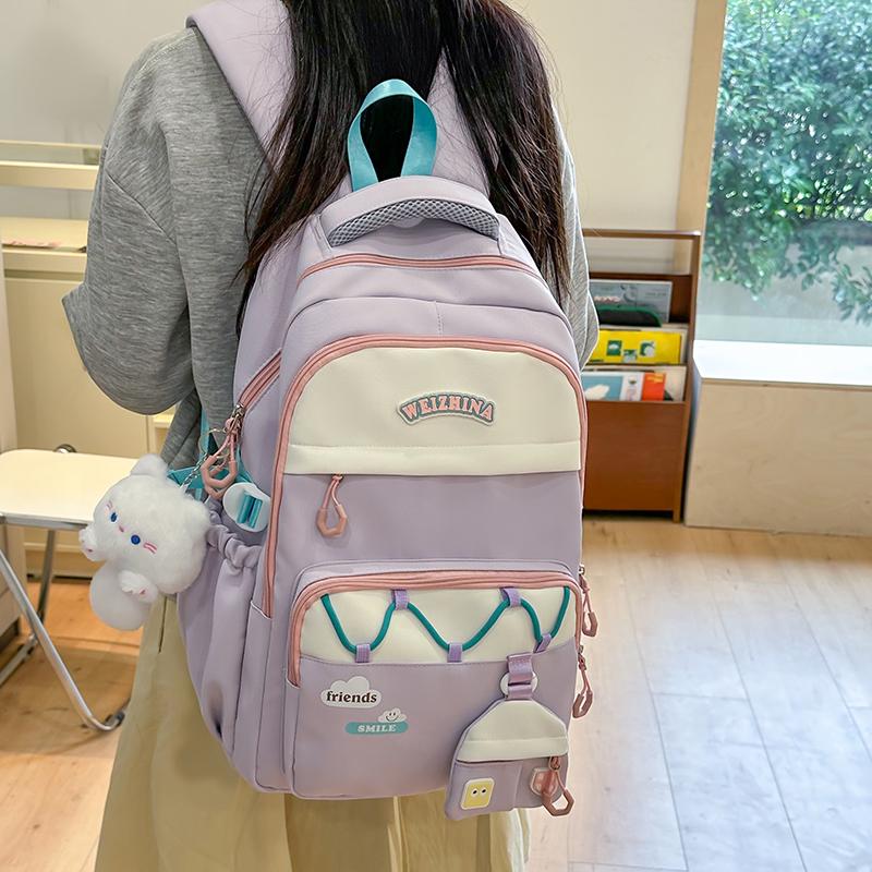 Student Schoolbag Women's Color Contrast Backpack Large Capacity Backpack with Coin Purse