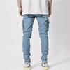 Jeans Elasticizzati da Strada Uomo Pantaloni Cargo in Denim Lavaggio Tasche Casual Vita Media Pantaloni Vestibilità Slim Indossare Joggers