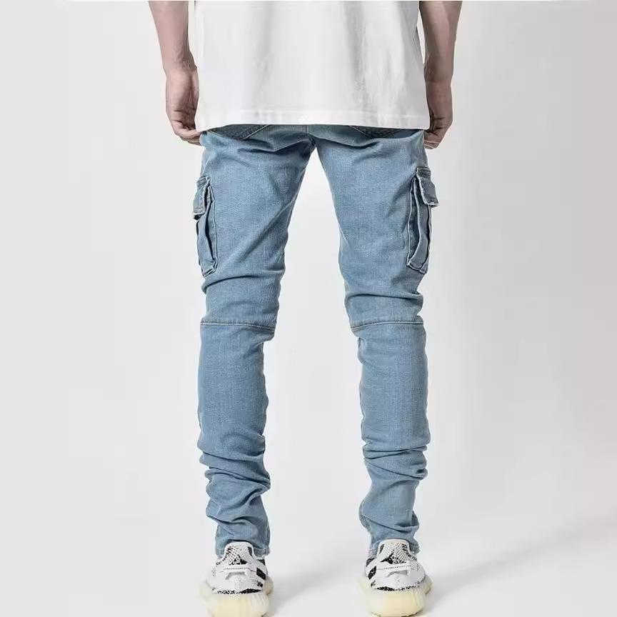 Jeans Elasticizzati da Strada Uomo Pantaloni Cargo in Denim Lavaggio Tasche Casual Vita Media Pantaloni Vestibilità Slim Indossare Joggers