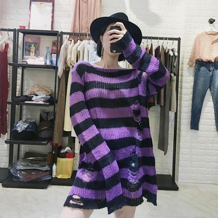 Unisex Women Cool Thin Loose Gothic Striped Long Jumper Dark Punk Streetwear Hollow Out Top Broken Hole