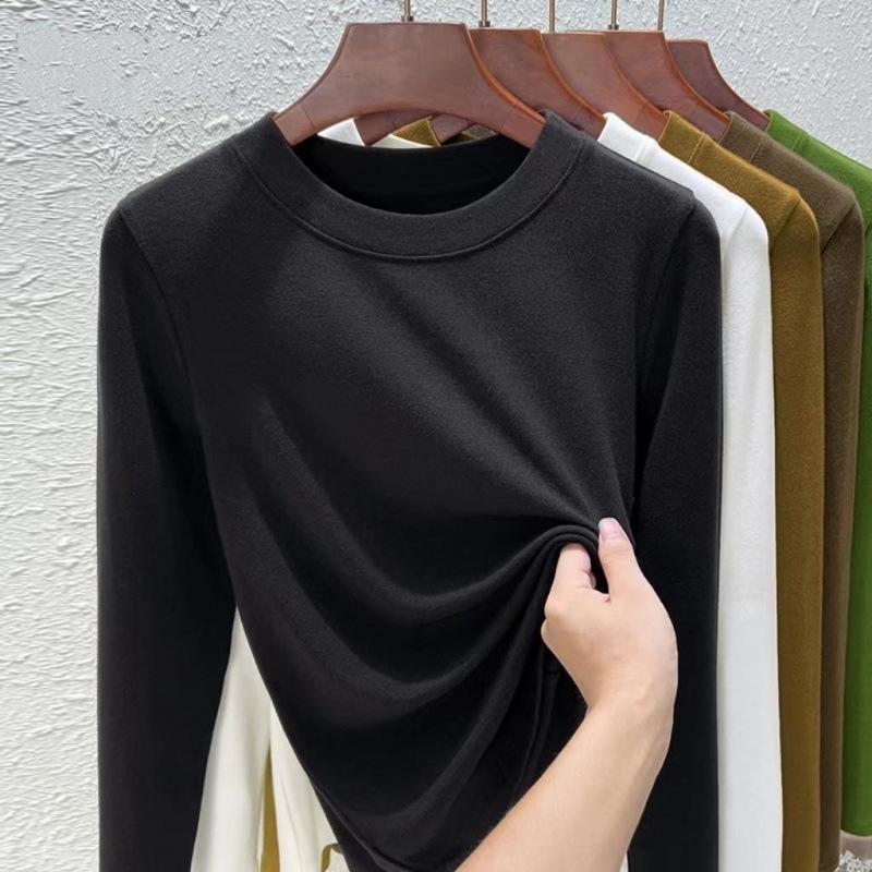 Women's 2024 Slim Fit Long-Sleeve Round Neck T-Shirt - Versatile Western Style Top for Spring and Autumn, Large Sizes Available