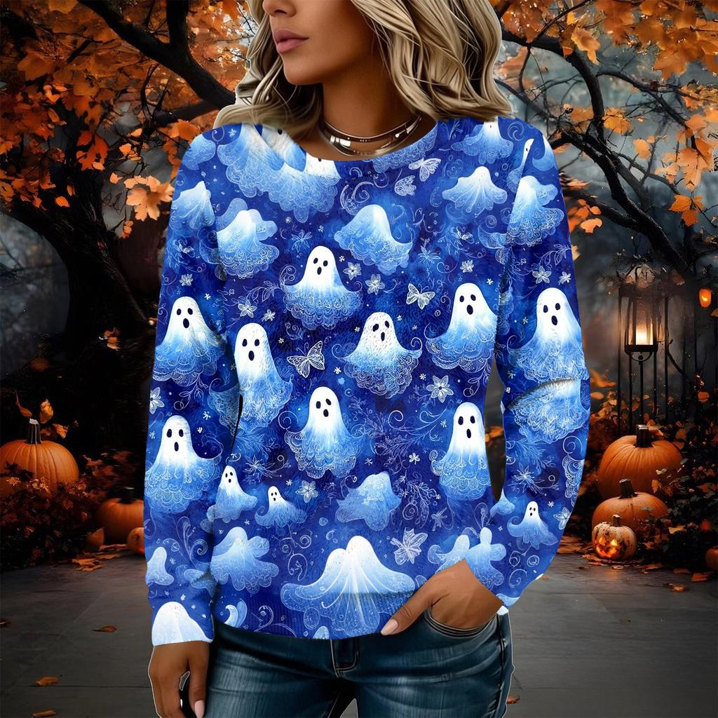 Women's Flannel Long Sleeve Top with Halloween Print Neck Pullover Shirt