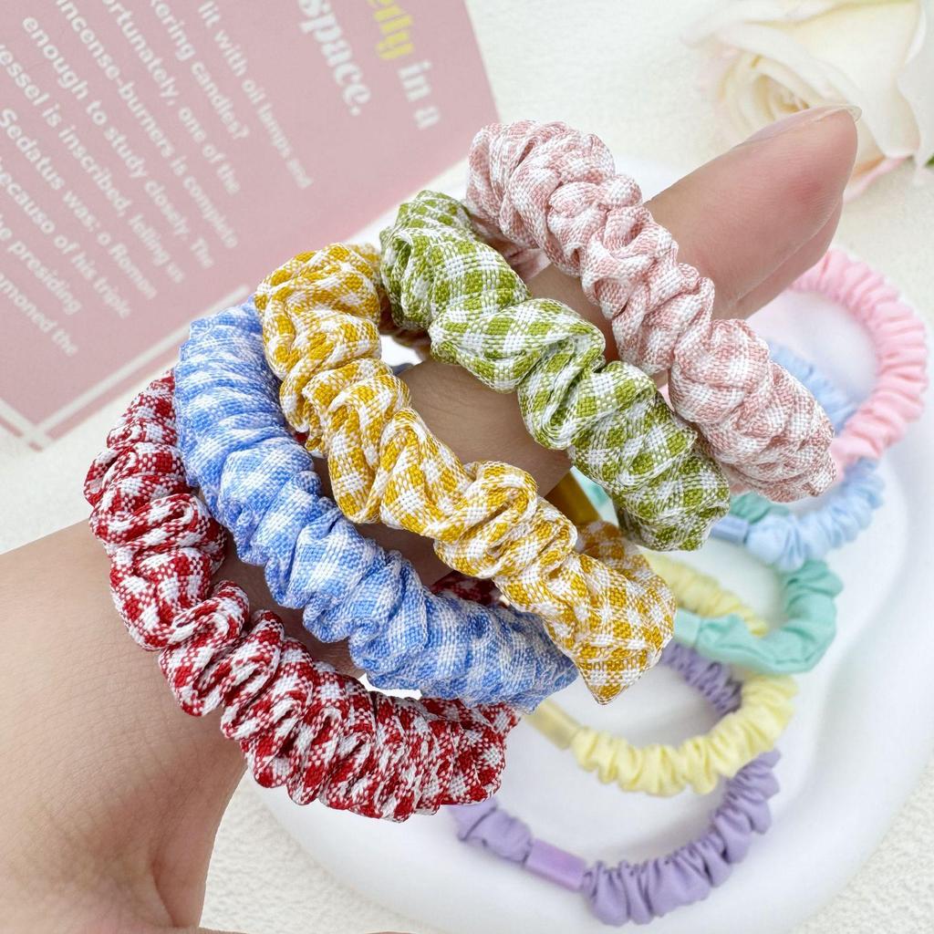 Plaid Candy Color Small Intestine Hair Ties - 5-Piece Set, High Elasticity, Handmade