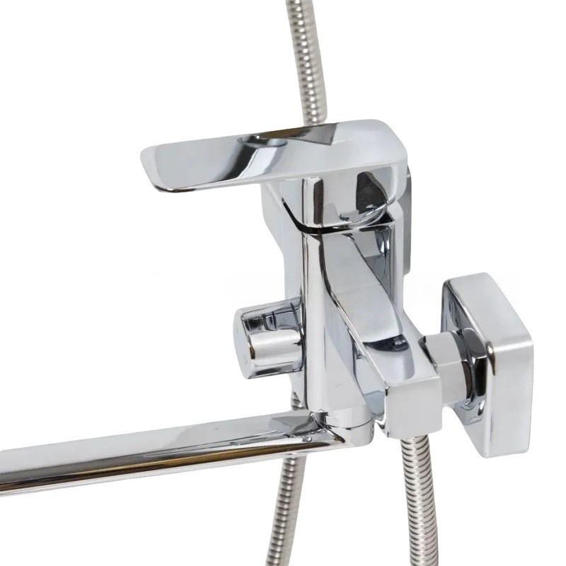 Wall-Mounted Bathtub Shower Faucet Set With Extended Hose Dual Handle Mixer Tap Modern Chrome Finish