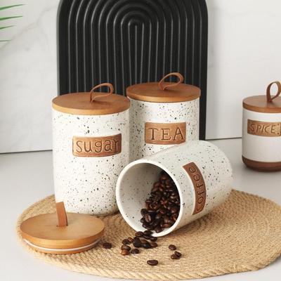 Ceramic Canister Countertop Multifunctional Tea Coffee Sugar Storage Jar Food Jar with Wooden Lid Kitchen Supplies