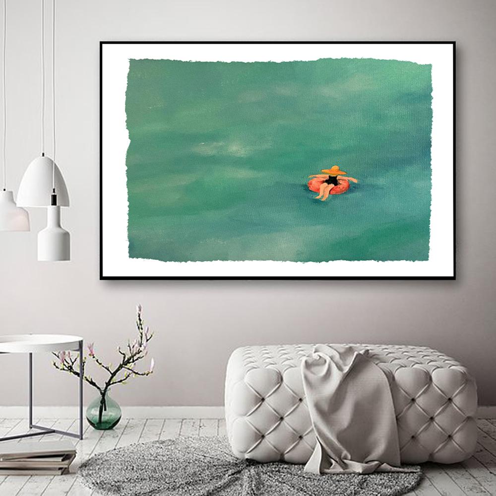 Floating Woman In the Ocean Canvas Painting Art Prints Nordic Poster Swimming Pool Sea Pictures for Living Room Home Decoration