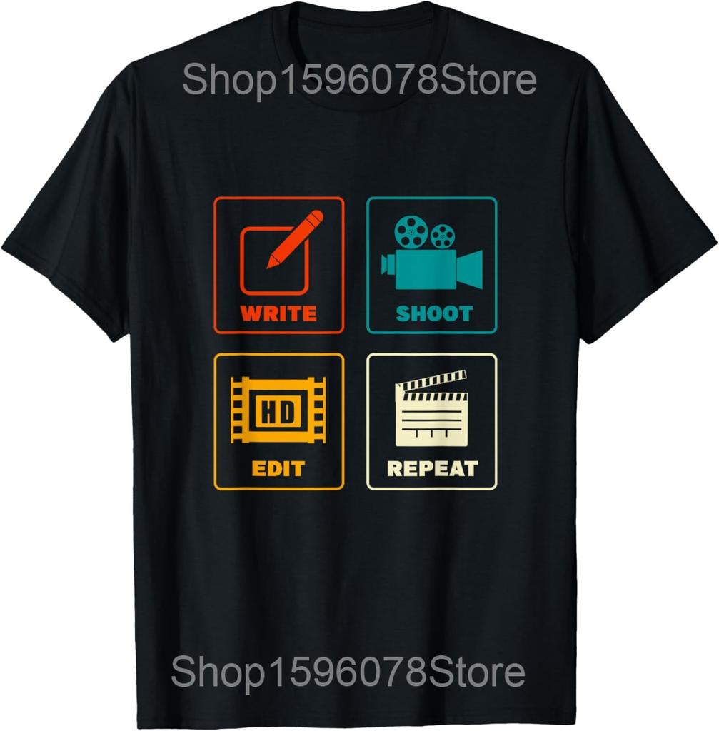 Write Shoot Edit Repeat Filmmaker Movie Director Filmmaking T Shirts Cotton Humor Streetwear Tee Short Sleeve Unisex Clothing