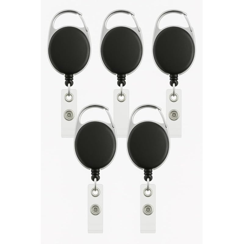 Accuprints Pack Of 5 Oval Round Reel Id Card Holder, Id Badge Reel Clip On Card Holders (5 Units, Black)