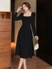 Spring and Autumn French Square Neck White Long Sleeve Dress Women's Clothing Waist Skinny Stunning Temperament A-word Long Dress Women