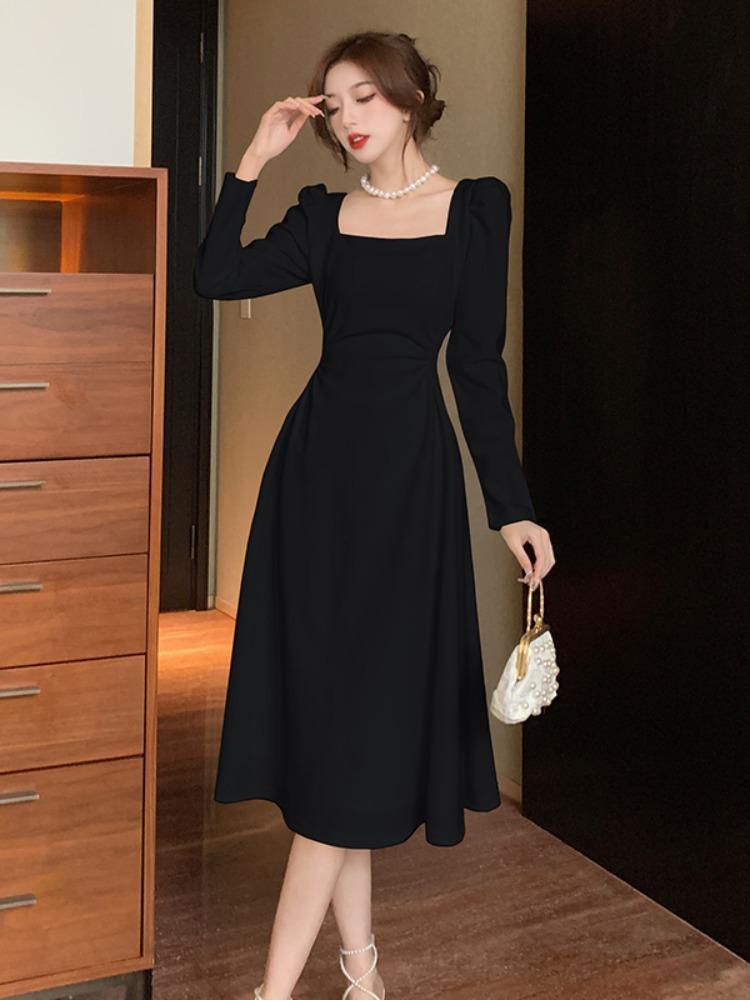 Spring and Autumn French Square Neck White Long Sleeve Dress Women's Clothing Waist Skinny Stunning Temperament A-word Long Dress Women