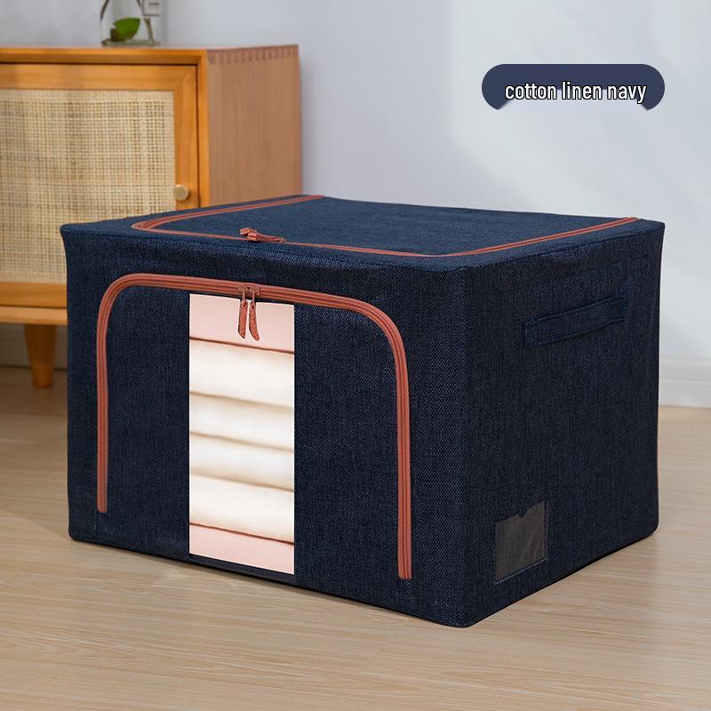 Cotton Linen Foldable Quilt and Clothes Storage Box with Steel Frame - Large Capacity Wardrobe Organizer