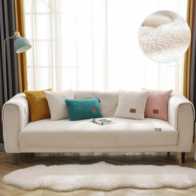 

Современные защитные чехлы для дивана, разработанные для гостиной, зимние чехлы из овечьей шерсти, накидка на диван, утолщенная плюшевая, мягкая, противоскользящая, для дома Cushion Cover 2pcs слоновая кость