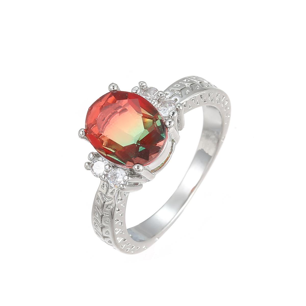 

Кольцо из меди с алым красным цирконием | Эллиптический камень с декоративными серебристыми узорами 6