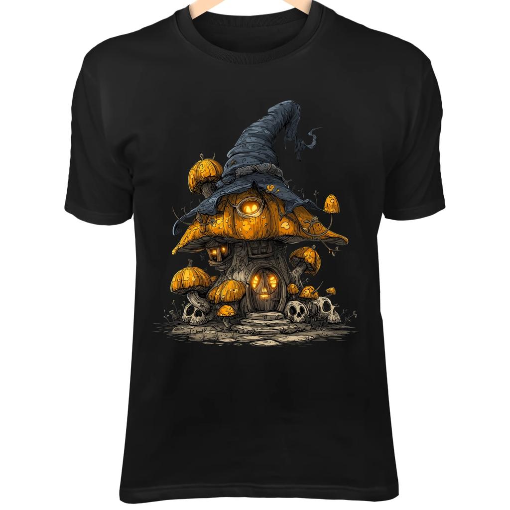 Cute Spooky Mushroom House - Witch Hat Roof, Jack-o-Lantern & Glowing Skull