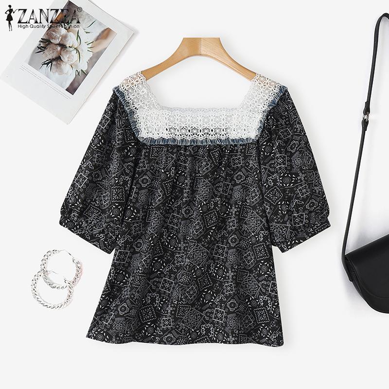 ZANZEA Women Summer Lace Splice Square Neck Casual Short Sleeve Print Blouse