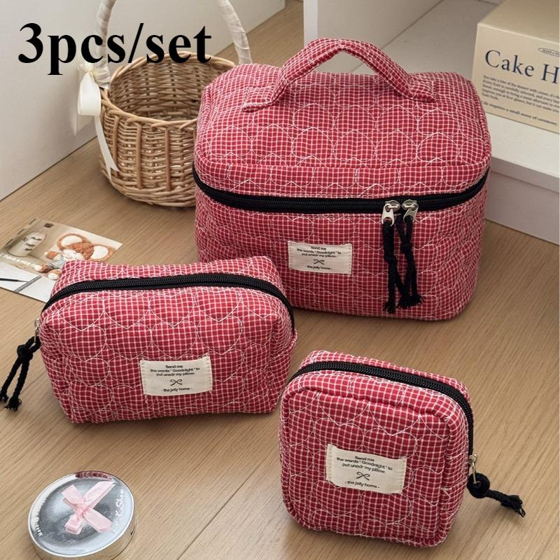 1/3pcs Classic Niche Quilted Heart Grid Makeup Bag Korean Style Portable Large Capacity Storage Toiletry Bag For Outing