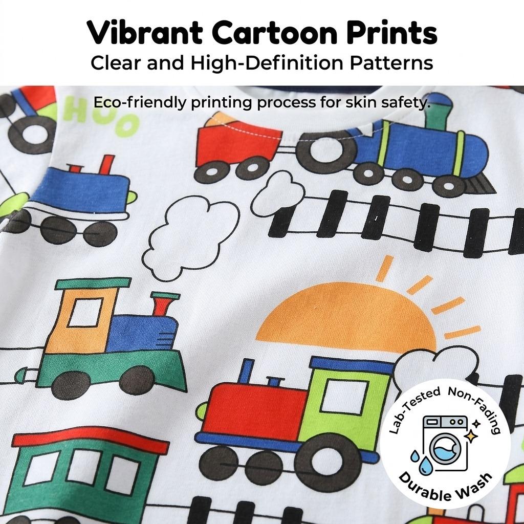 Summer New Product: Boys' Short-Sleeve T-Shirt With Cartoon Train Print Pullover Casual Round-Neck Top For Young Children