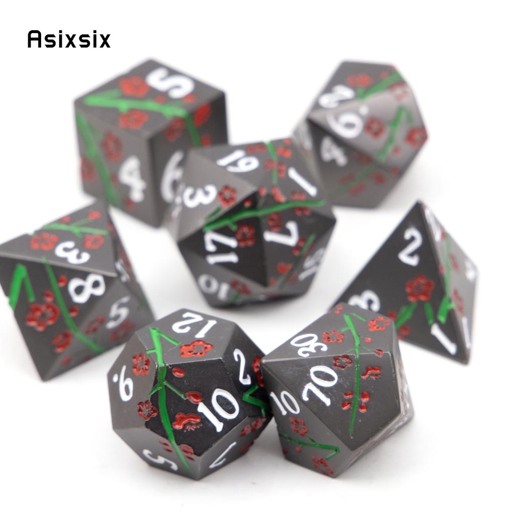 7 Pcs Black Flower Metal Dice Solid Metal Polyhedral Dice Set Suitable for Role-Playing RPG Board Game Card Game