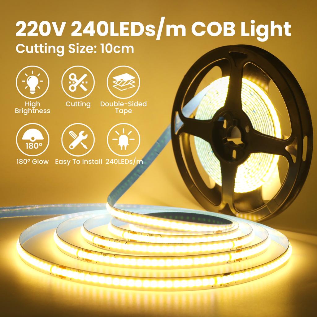 220V COB LED Strip Light No Need Driver 240LEDs/m 5m 10m 15m 20m Linear Light Tape Red/Blue/Green/Pink/White For Home Lighting