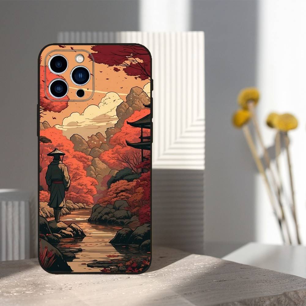 Japanischer Kunststil Hülle Für iPhone 11,12,15,14,13,16,17,Plus,Pro Max,XS,X,XR,SE,Mini,8,7,Weiches Silikon Schwarz