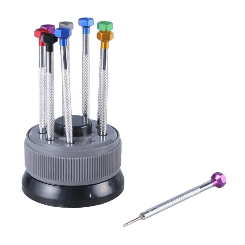 9Piece Watch Repair Screwdriver Set Colorful With Rotating Base 9 Spare Bits Phone Jewelry Glasses Screw Remover