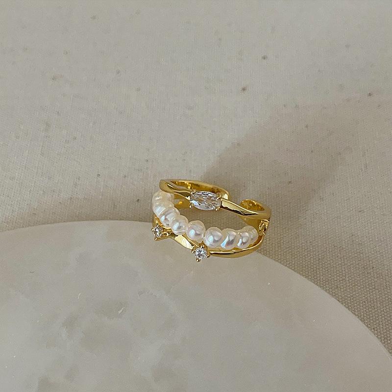 Niche Light Luxury Pearl Zircon Gold Open Ring Collection Female Simple Elegant Fashion Versatile Ring Ring