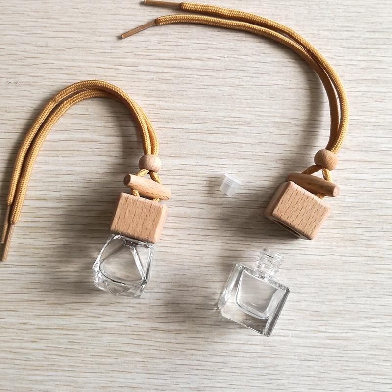 Square Glass Car Perfume Pendant Bottle with Beechwood Lid