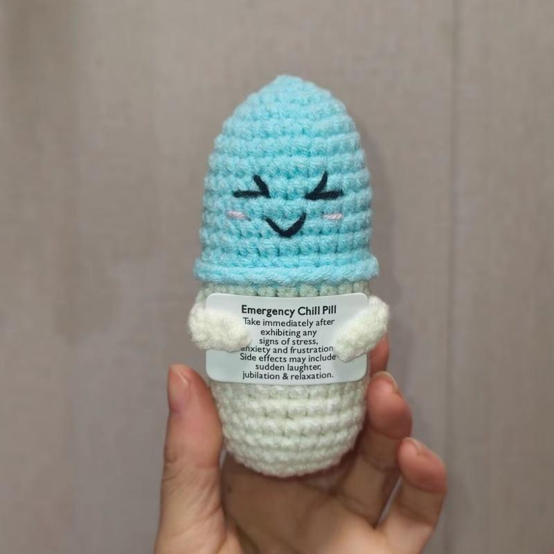 Handmade Knitted Emotional Support Crochet Capsule Doll 'Chill Pill' with Card for Desktop Home Room Decor Gift