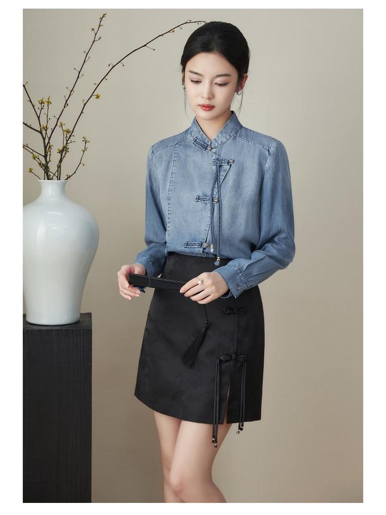 Spring/Summer Elegant Chinese Tencel Denim Shirt for Women