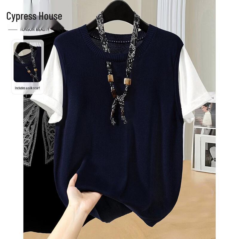 

Women s Round Neck Spliced Knit Short Sleeve Top One Size