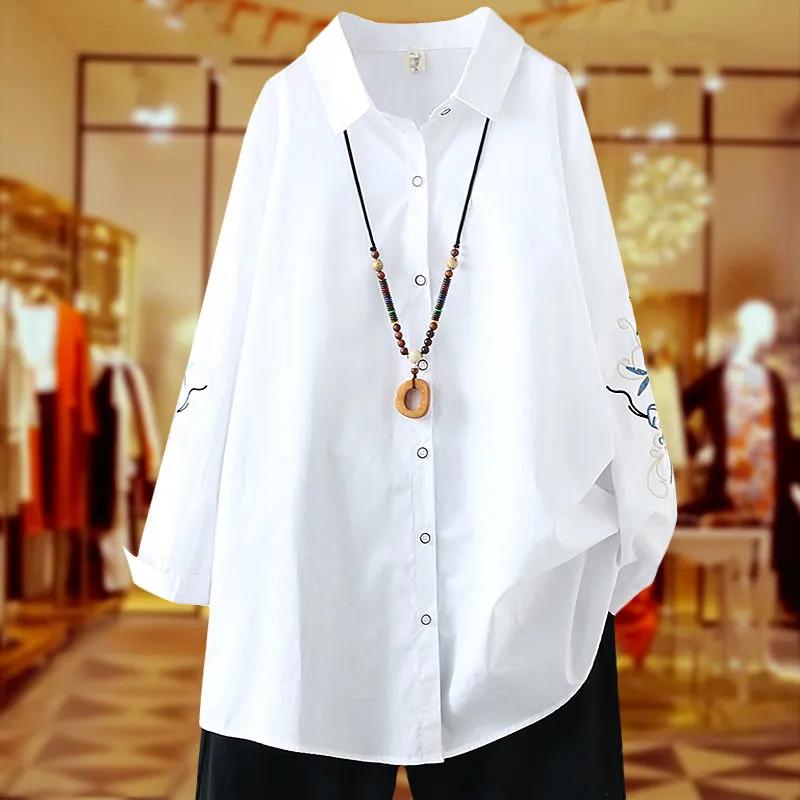 Středně dlouhá vyšívaná košile plus size, volná košile s dlouhým rukávem z čisté bavlny, dámská spodní košile plus size pro tlusté postavy