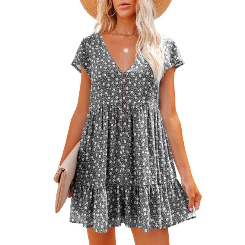 2026 Spring/Summer V-neck Buttoned Floral Short-sleeve Loose Casual Dress for Women