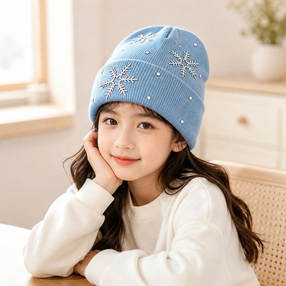 Rhinestone Children Knit Hat Knitted Fabric Snowflake Knitted Cap Kids Winter Wear