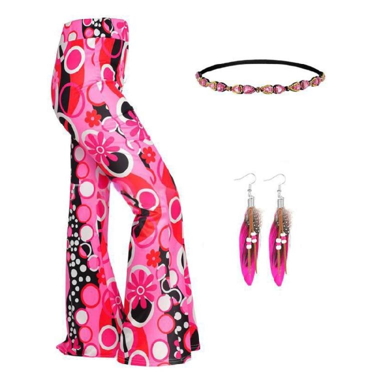 Bold Color Hippie Costume 5 Piece Set Fashion Hair Decoration Fringe Vest Pants Bandana For 1970s Themed Celebrations
