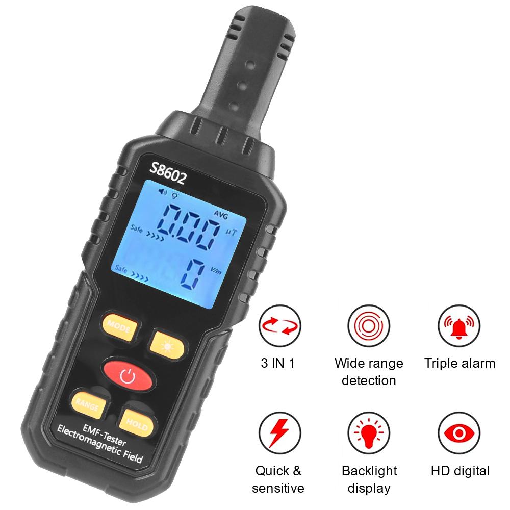 Portable EMF Tester With 3LED Indicator 3 In 1 Electromagnetic Field Radiation Detector Electric Magnetic Field Temperature Test