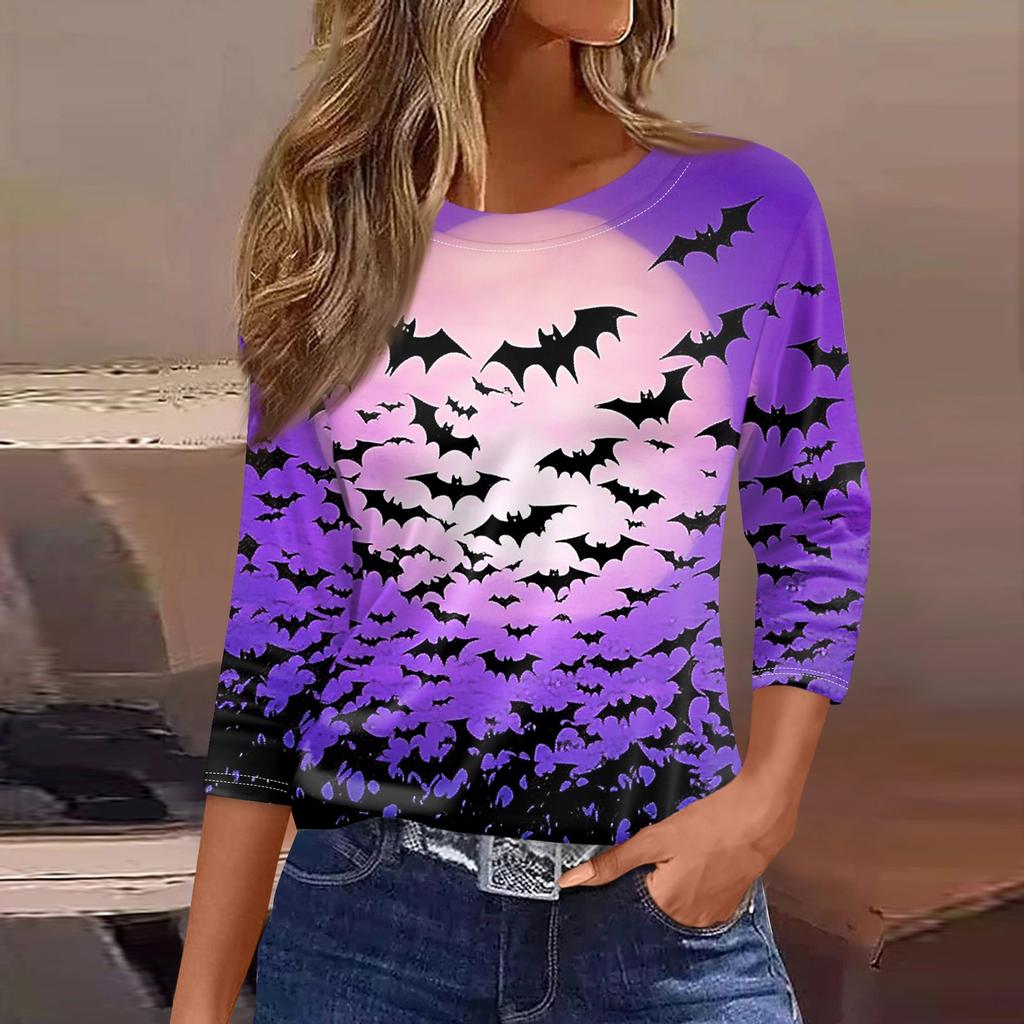 Damen T-Shirt, modisch, lässig, Rundhalsausschnitt, 3/4-Ärmel, lockeres bedrucktes T-Shirt, Damenoberteil