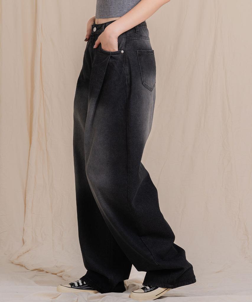 Ellamo 54_5 Women'S One-Pin Tuck Washed Wide Denim Pants (Basic/Long)_Dark Denim